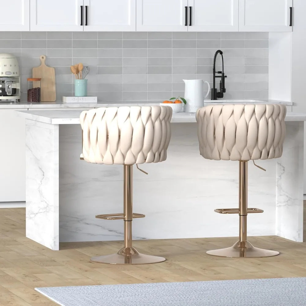 360 Degree Velvet Swivel Bar Stools Set of 4 Adjustable Counter Height Bar Chairs with Woven Back and Footrest Luxury Gold Bar Stools