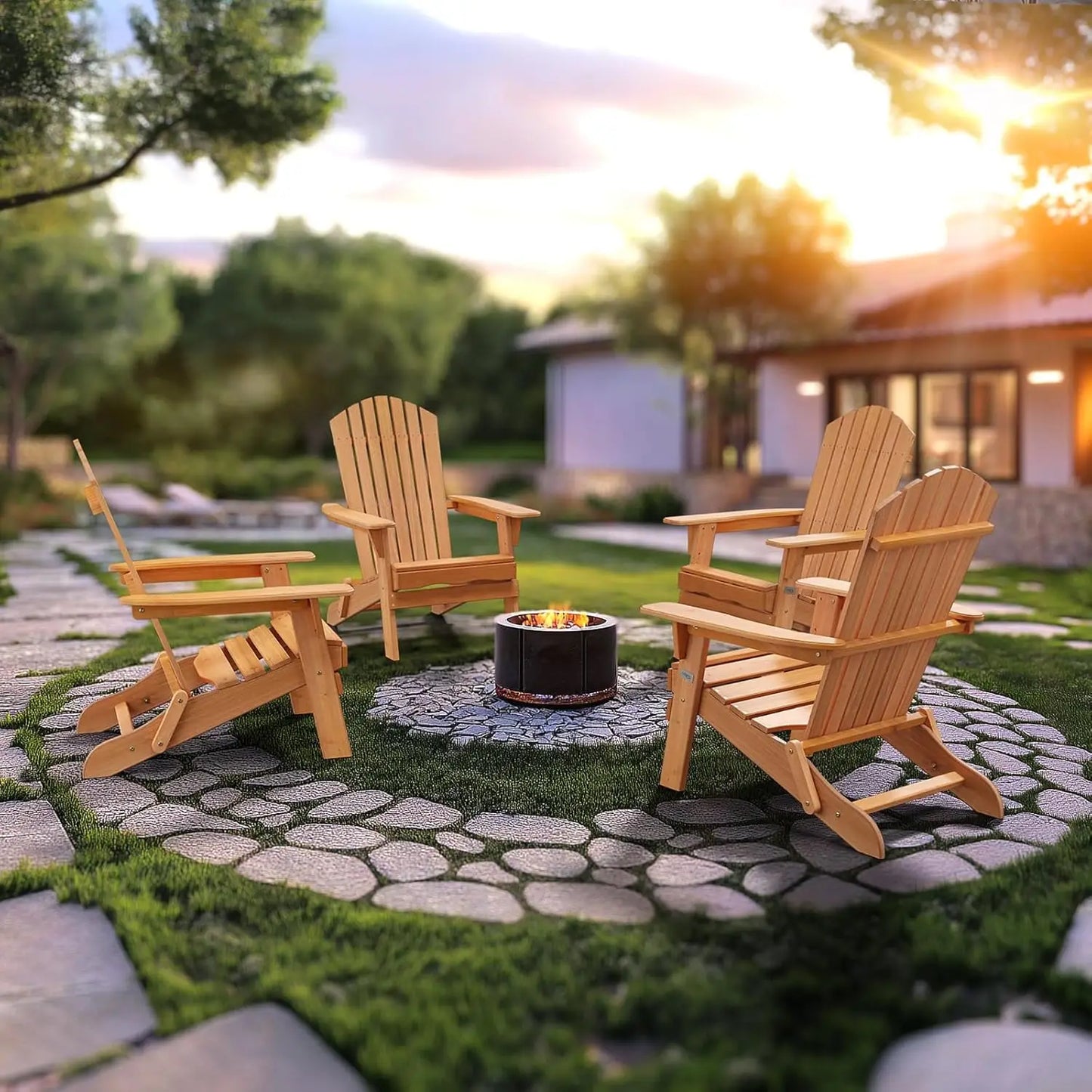 Folding Adirondack Chairs Set of 4 Teak Wood Outdoor Chairs Foldable Fire Pit Chairs for Patio BBQ Porch Yard Pool