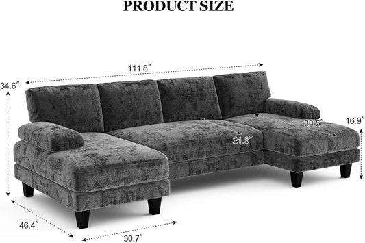 Gray U Shaped Sectional Sofa 111 Inch Modular Double Chaise