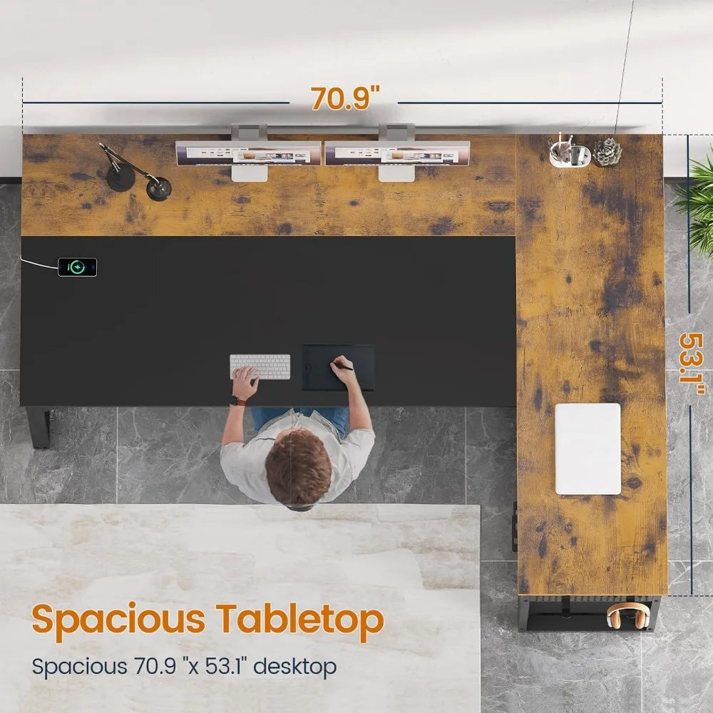 71 Inch Executive L Shaped Desk With Power Outlets Storage