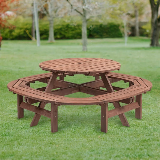10 Person Solid Wood Round Picnic Table and Bench Set with Umbrella Hole Outdoor Furniture