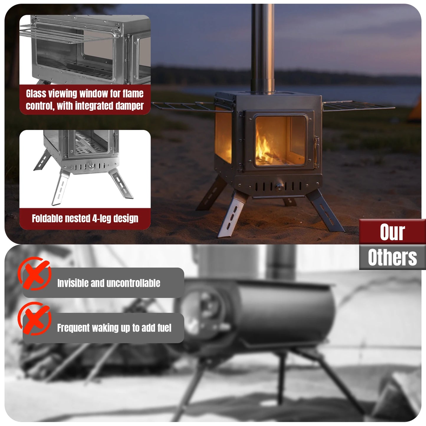 Outdoor Large Stainless Steel Tent Stove With Chimney Pipe For Camping Heating