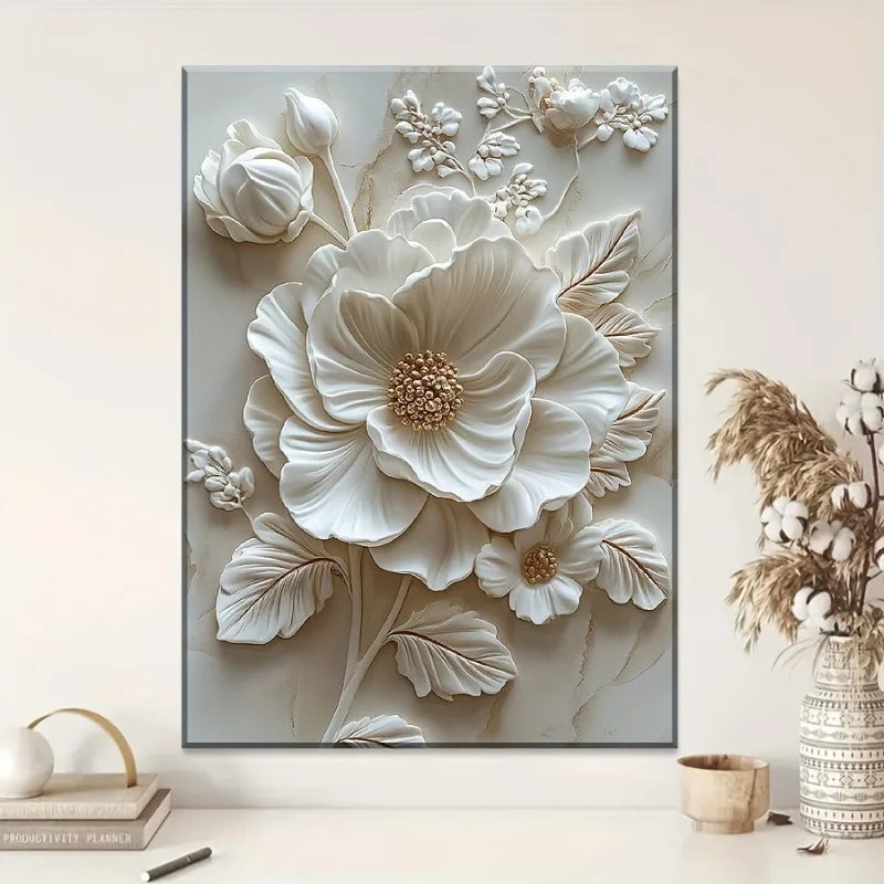 White Flower Pattern Wood Frame Canvas Murals Wall Mounted Decoration for Living Room