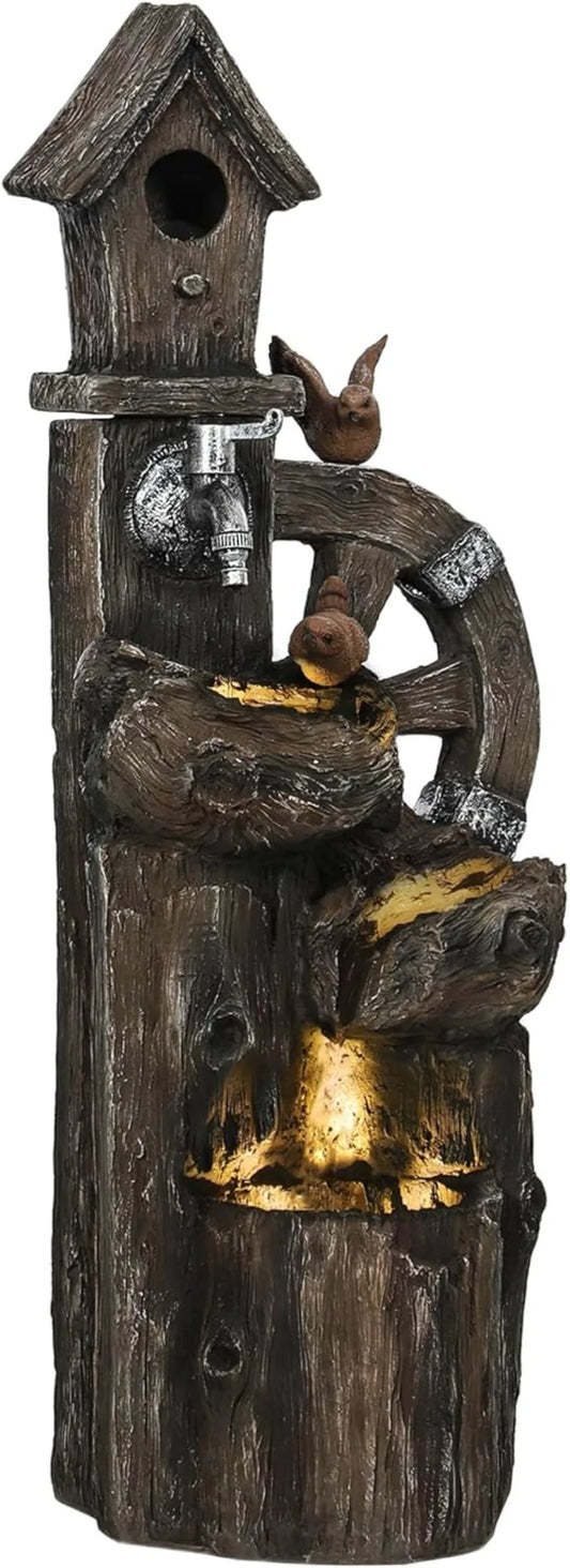 Decorative Garden Birdhouse 3-Tier Cascading Waterfall with LED Lights and Water Wheel Soothing Tranquility for Home Garden