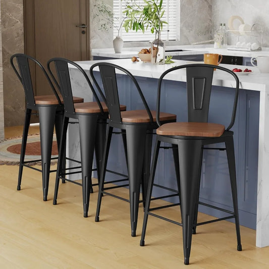 30 Inch Swivel Metal Bar Stools Set Of 4 High Back Wood