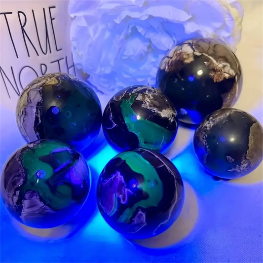 Natural Volcanic Agate Moon Crystal Ball UV Reactive Fluorescence Bohemian Green Brown Marbled Gemstone