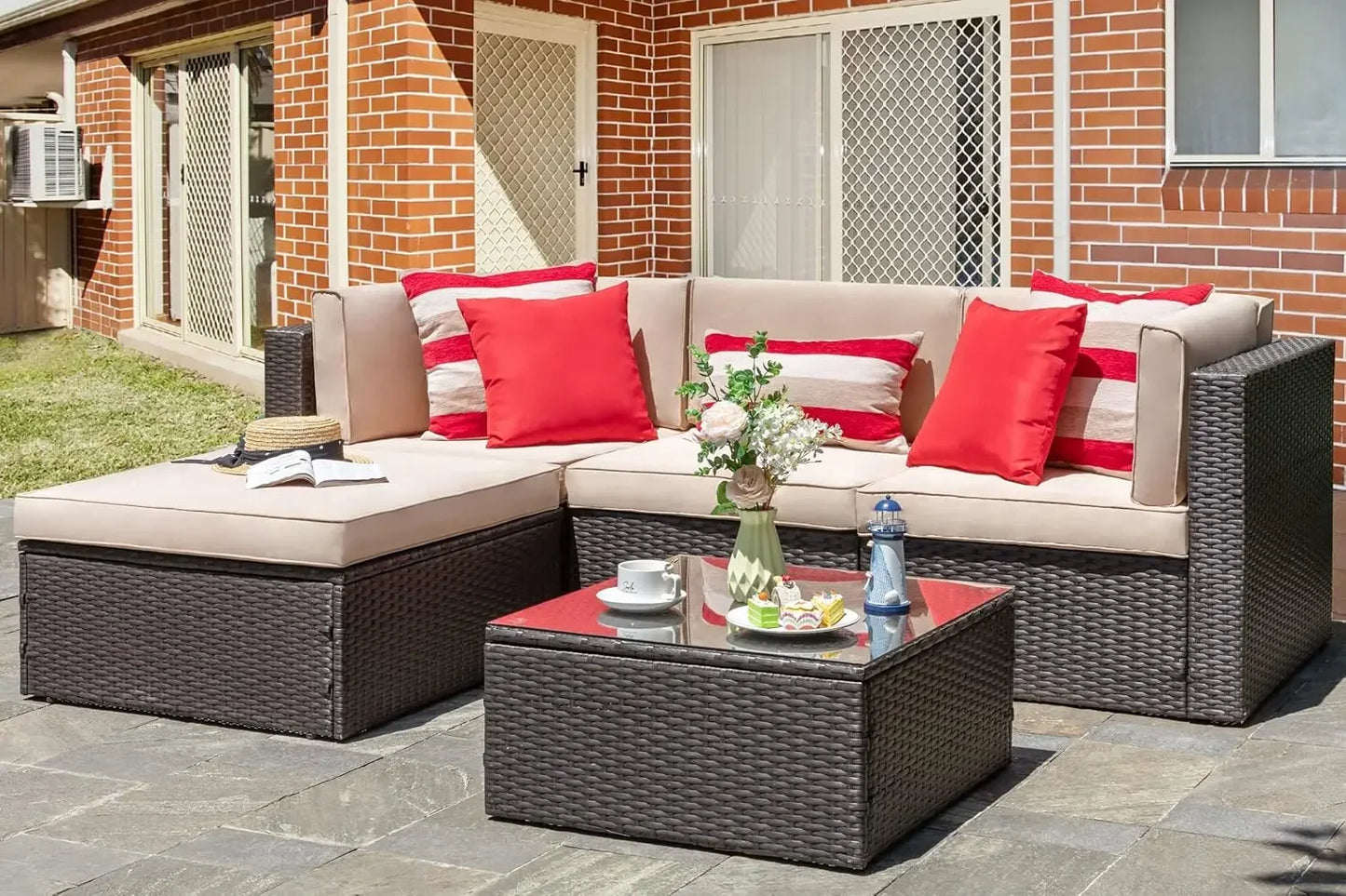 5 Piece Patio Furniture Set All Weather Brown PE Wicker Outdoor Couch Sectional