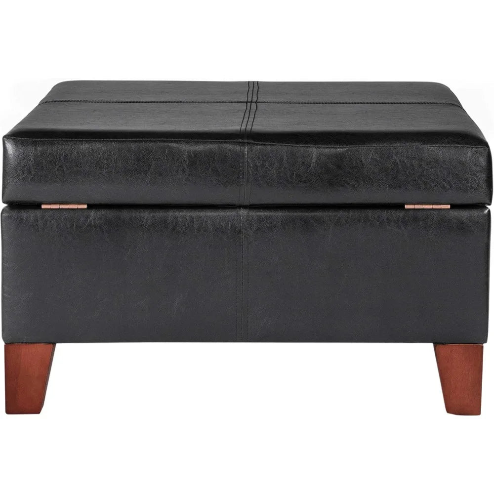 Luxury Large Faux Leather Square Storage Ottoman for Living Room and Bedroom Black