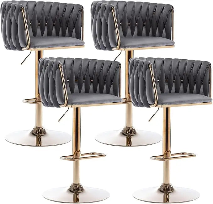 360 Degree Velvet Swivel Bar Stools Set of 4 Adjustable Counter Height Bar Chairs with Woven Back and Footrest Luxury Gold Bar Stools
