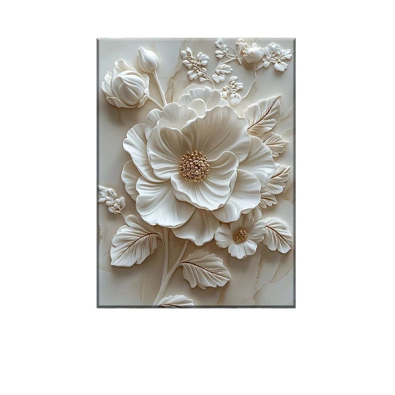White Flower Pattern Wood Frame Canvas Murals Wall Mounted Decoration for Living Room