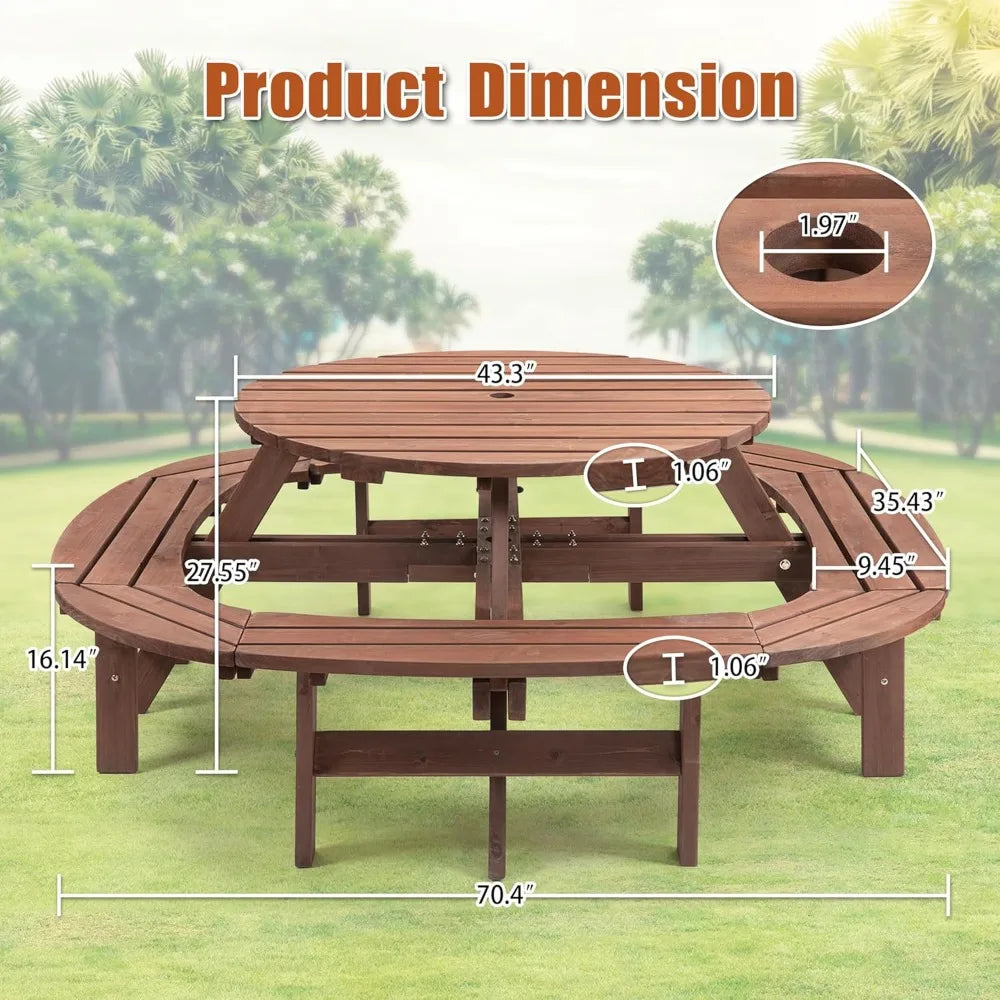 10 Person Solid Wood Round Picnic Table and Bench Set with Umbrella Hole Outdoor Furniture