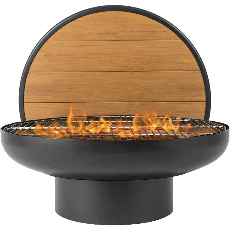Cast Iron Round Fire Pit Table with Fire Pit Grill 32 Inch Heavy Duty Fire Bowl Deep Outdoor Firepit Wood Burning Firepits for Patio and Backyard