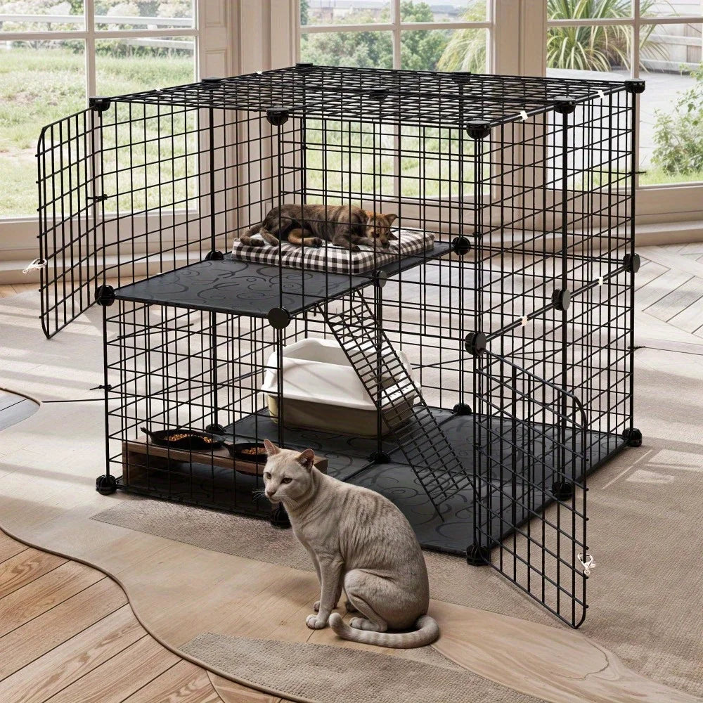 28 Inch Cat Cage 2 Tier Indoor Enclosure DIY Playpen For 1 To 2 Cats Black