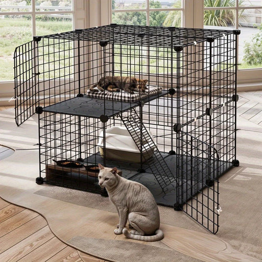 28 Inch Cat Cage 2 Tier Indoor Enclosure DIY Playpen For 1 To 2 Cats Black