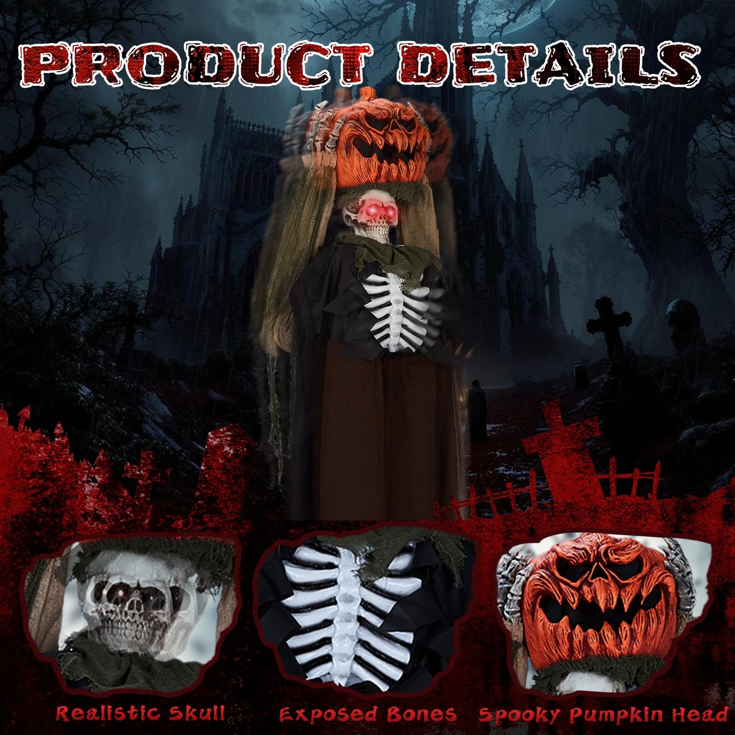 Outdoor Life Size Animatronic Ghost With Pumpkin Head Decor