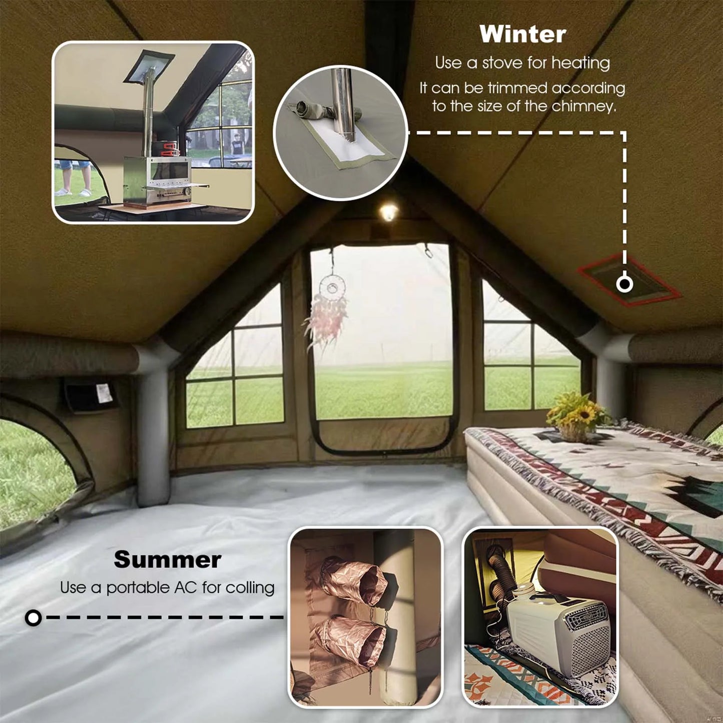 Army Green Inflatable Camping Tent 13 By 10 Ft 4 Season Waterproof Oxford Fabric