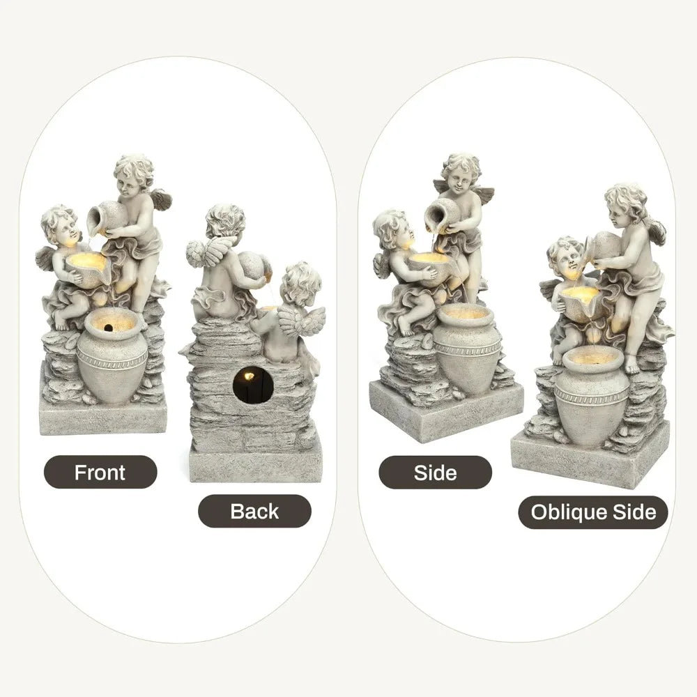 LuxenHome 30 Inch Outdoor Water Fountain Resin Angels Water Fountain Indoor Outdoor with LED Light 3 Layer Angels and Urn