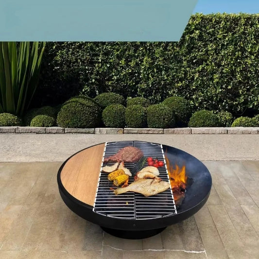 Cast Iron Round Fire Pit Table with Fire Pit Grill 32 Inch Heavy Duty Fire Bowl Deep Outdoor Firepit Wood Burning Firepits for Patio and Backyard