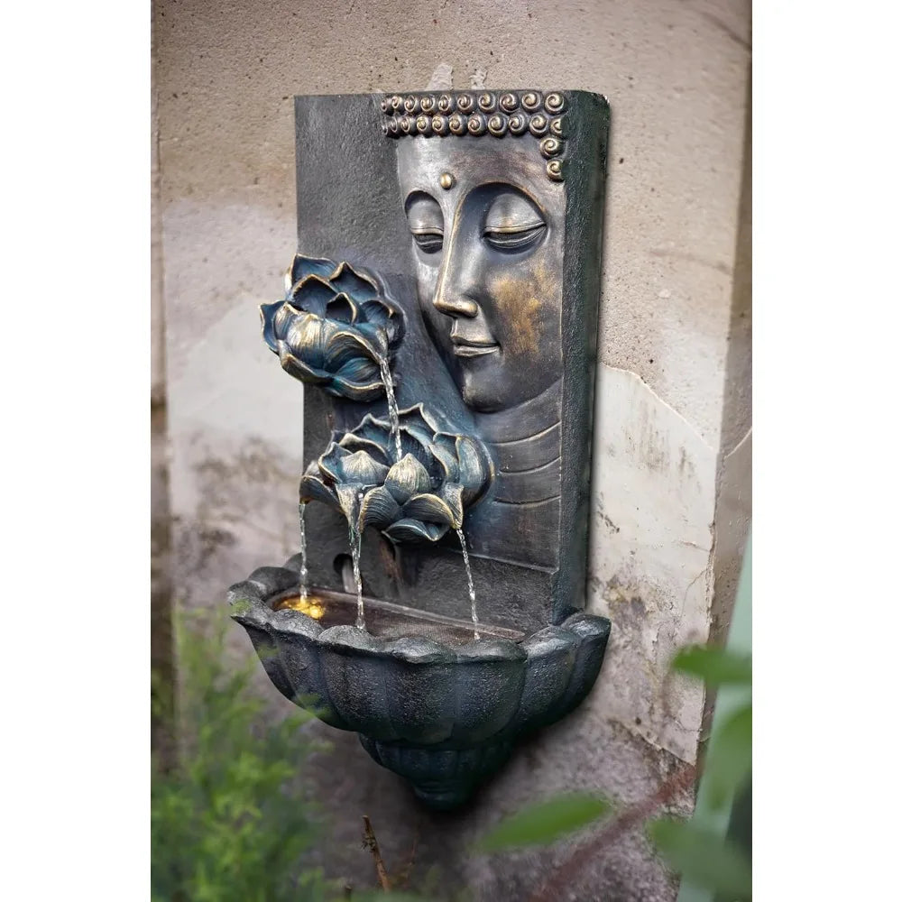 Tall Outdoor Zen Lotus Buddha Wall Fountain Black Resin