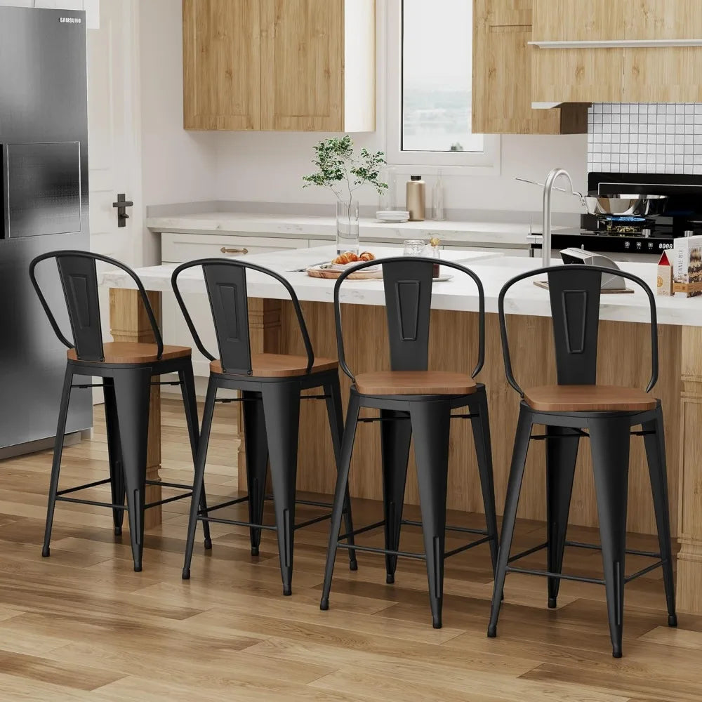 30 Inch Swivel Metal Bar Stools Set Of 4 High Back Wood