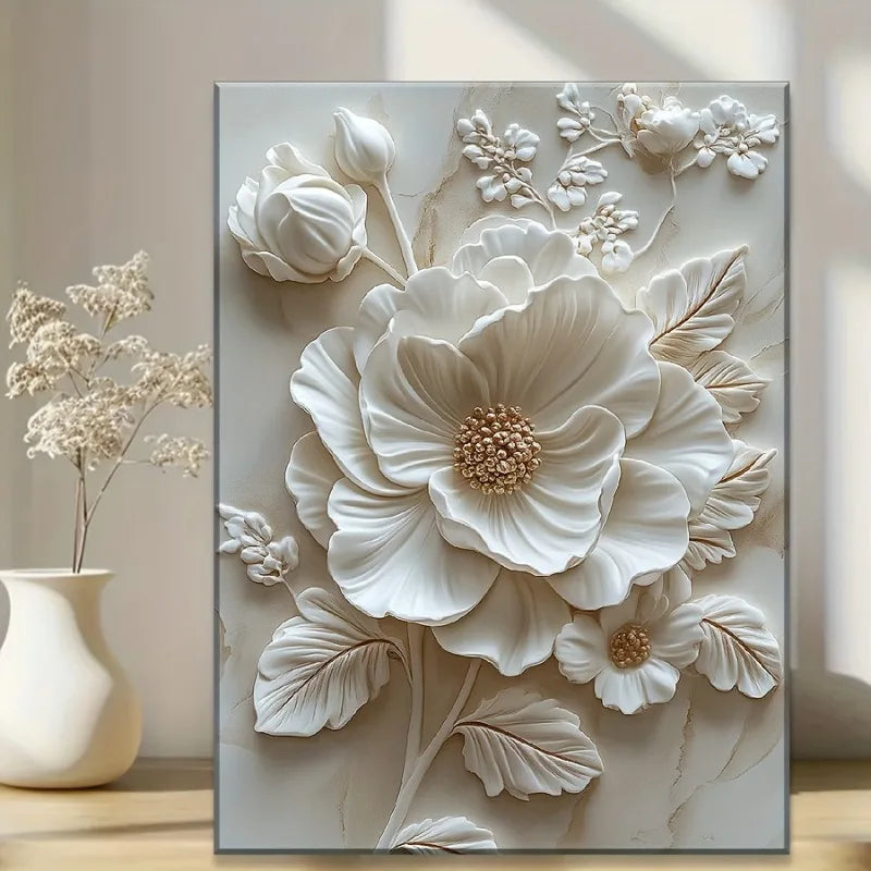 White Flower Pattern Wood Frame Canvas Murals Wall Mounted Decoration for Living Room