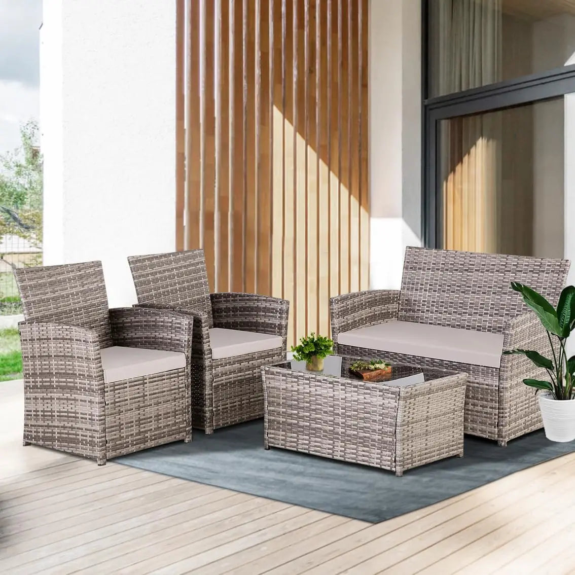 4 Piece Outdoor Patio Sectional Set Rattan Wicker Table And Chairs Loveseat