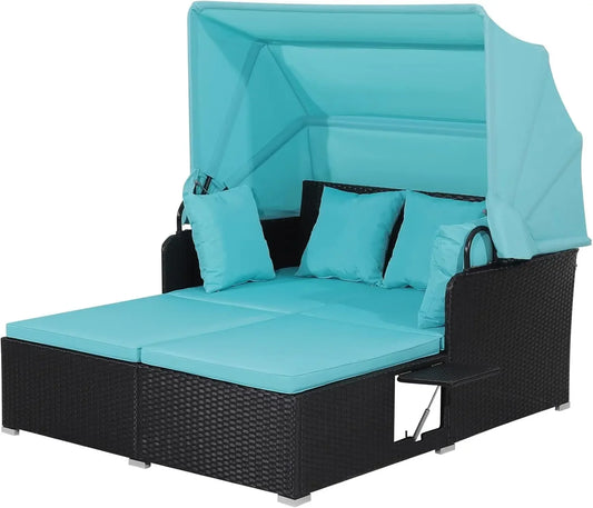 Outdoor Hand-Woven PE Wicker Daybed Patio Loveseat Sofa Set with Retractable Canopy & 2 Side Tables, Outdoor Sun Lounger