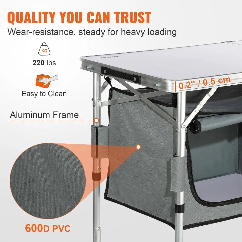 BENTISM Camping Kitchen Table Folding Portable Cook Station with 3 Adjustable Heights