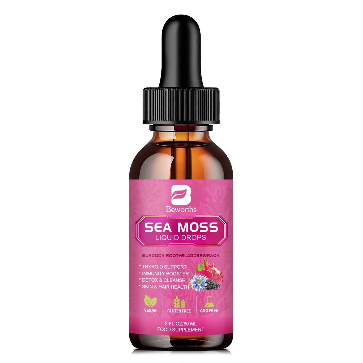 Beworths 3000mg Seamoss Liquid Drops Organic Black Seed Oil Burdock Root Bladder Immunity Hair Skin Digestion Health 60ml