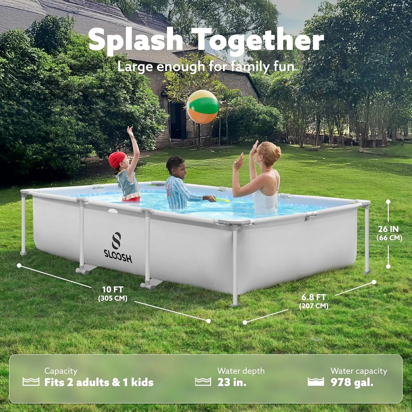 Rectangular Above Ground Swimming Pool Set 10ft x 6.8ft x 26inch Outdoor Frame