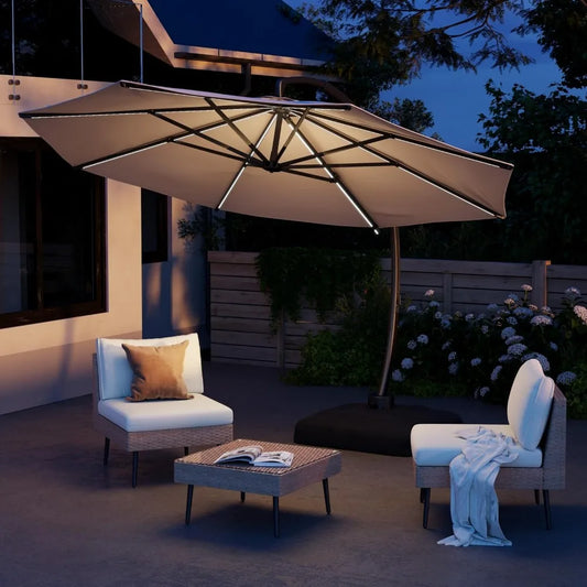 11FT Solar Powered LED Light Cantilever Patio Umbrella With Base Round Large Aluminum Outdoor Heavy Duty