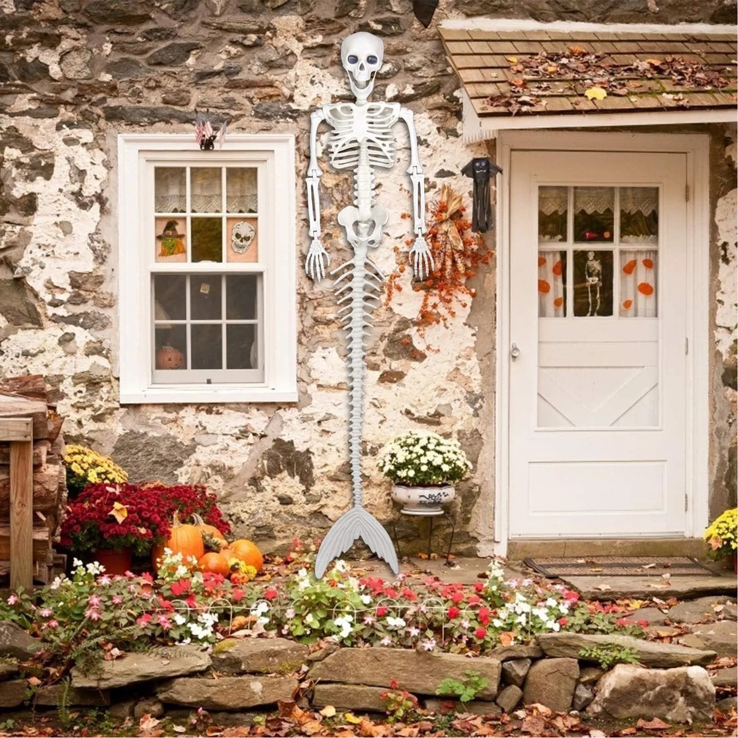 Life Size Skeleton Mermaid Halloween Outdoor Decorations Movable Joints Realistic Full Body Props