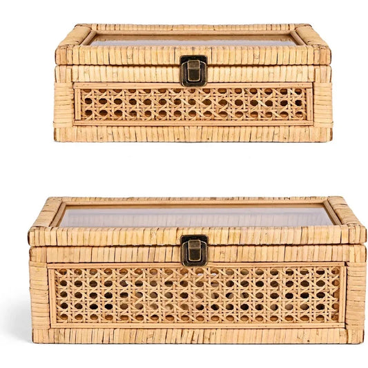 Rattan Decorative Box with Lid Set of 2 Rectangular Woven Glass Display Wicker Decor