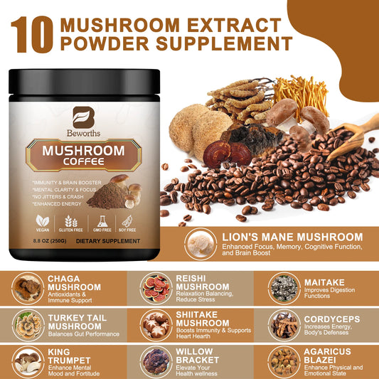 250g Lion's Mane Mushroom Coffee 10 in 1 Blend with Chaga and Cordyceps for Energy Focus and Memory Health