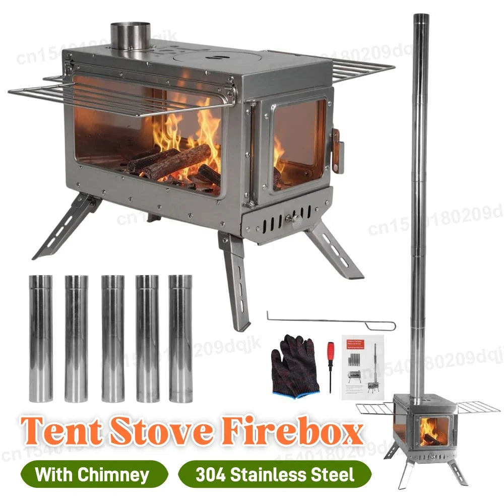 Outdoor Large Stainless Steel Tent Stove With Chimney Pipe For Camping Heating