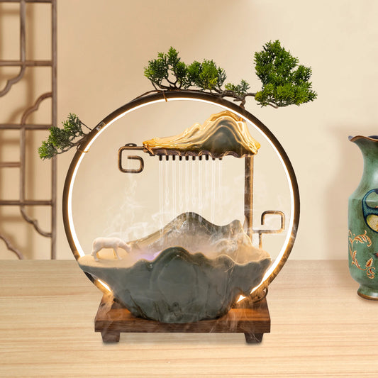 Backflow Incense Holder with Water Fountains and LED Light, Rockery, Horse and Plants Perfect for Relaxing or Home Decor