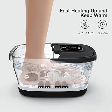 Foot Bath Massager with 8 Shiatsu Massage Rollers Collapsible Foot Spa with Heat Bubble Red Light and Temperature Control Black