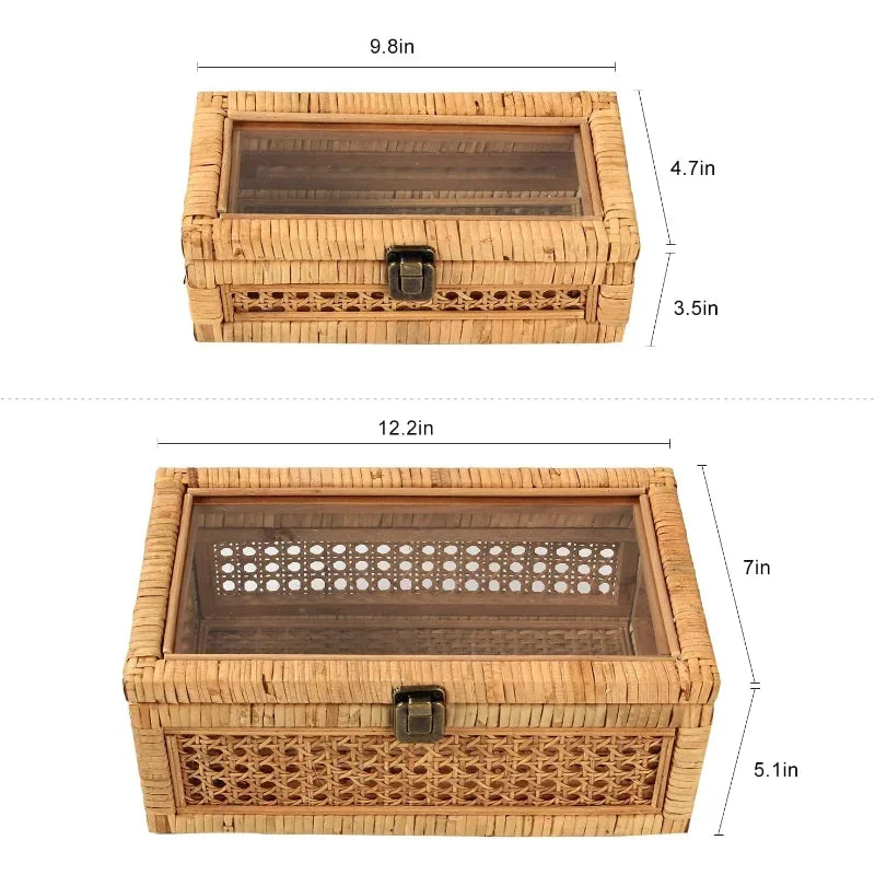 Rattan Decorative Box with Lid Set of 2 Rectangular Woven Glass Display Wicker Decor