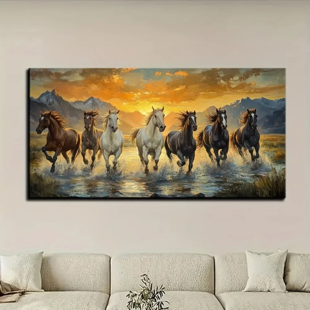 Elegant Feng Shui Seven Horse Canvas Wall Art with Pine Frame Waterproof 1.5 Inch Thick Horse Decoration for Sunset Scenes