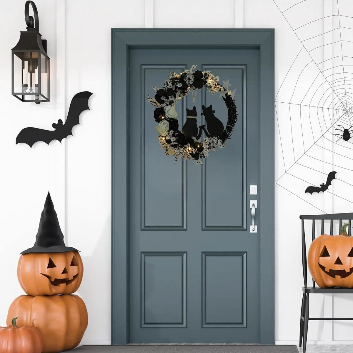 Black Cat Crescent Halloween Wreath Front Door Home Decor