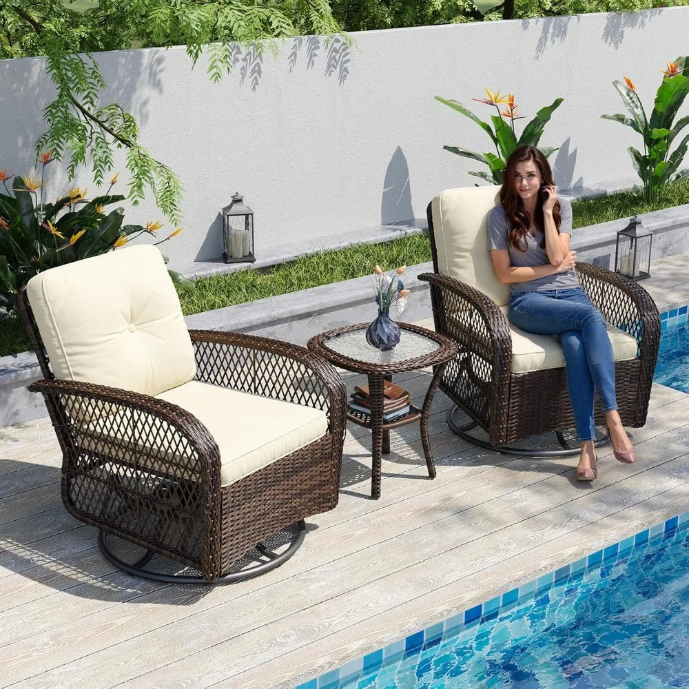 3 Pieces Patio Furniture Set With Swivel Rocker Chairs Set Of 2 Wicker Outdoor Bistro Set With Rocking Chair And Thickened Cushions