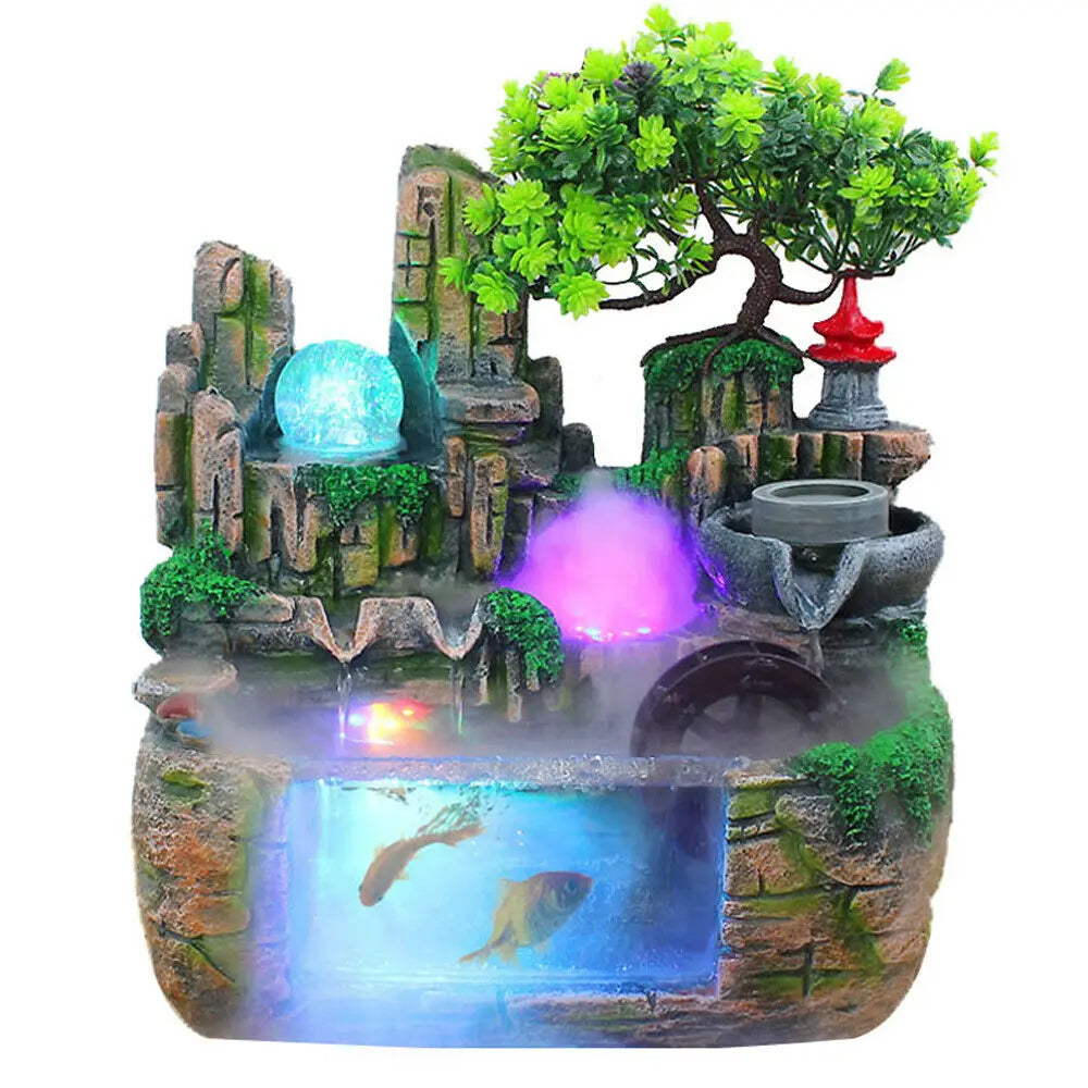 Desktop Fountain Waterfall with Rockery Indoor Relaxation Tabletop Resin Ornament with Light Bird & Fisherman for Home