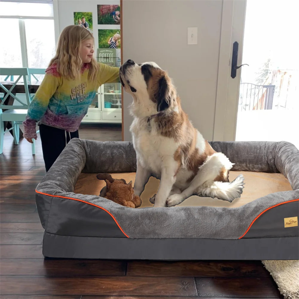 Jumbo Large Orthopedic Dog Bed Memory Foam Pet Sofa Waterproof Elevated Cushion Warm Puppy Bolster Couch Removable Cover Dark Grey Yellow Orange Rim