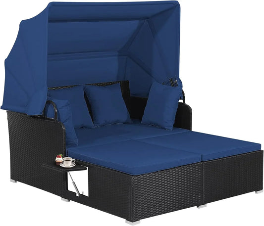 Outdoor Hand-Woven PE Wicker Daybed Patio Loveseat Sofa Set with Retractable Canopy & 2 Side Tables, Outdoor Sun Lounger