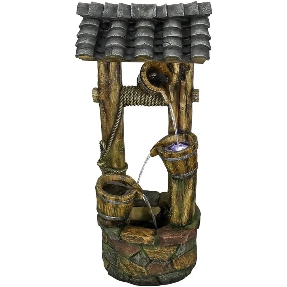 Wishing Well Water Fountain, 39.3inches Rustic Outdoor Water Fountains - Outdoor Cascading Waterfall with Buckets, Pump & Lights