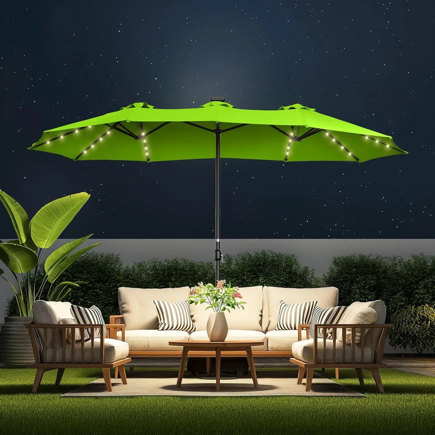 Double Sided Patio Umbrellas - 13ft Solar Lights LED Lighted Outdoor Extra Large Market Table Umbrella with Base Included