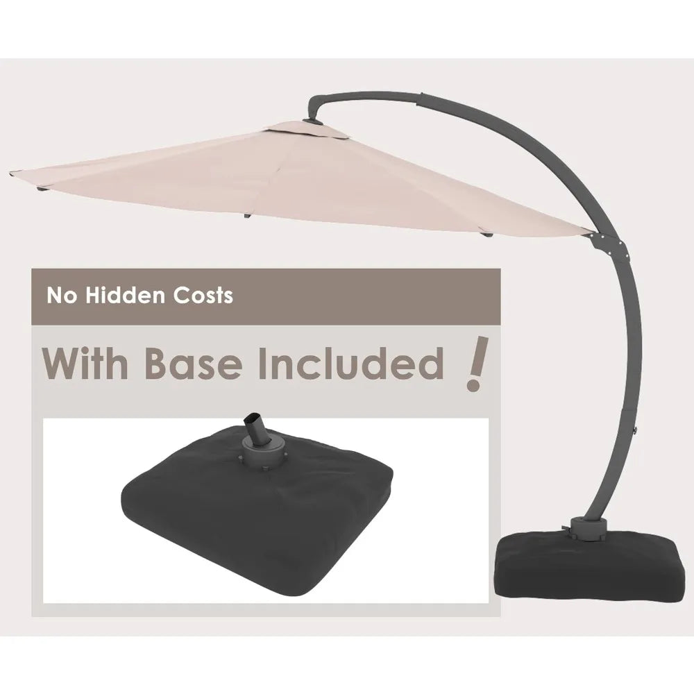11FT Solar Powered LED Light Cantilever Patio Umbrella With Base Round Large Aluminum Outdoor Heavy Duty