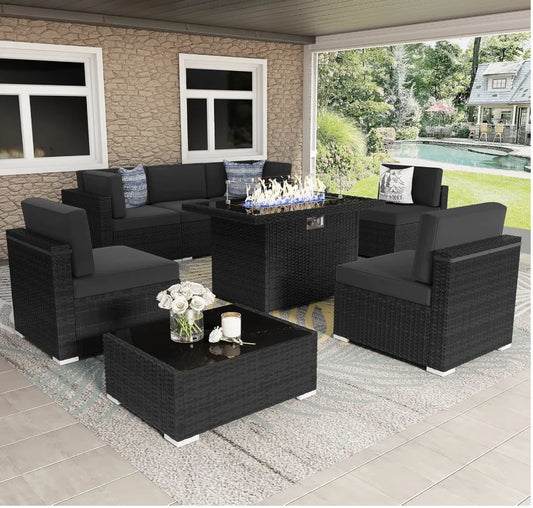 8 Piece Patio Furniture Set With 44 Inch Propane Fire Pit Table Sectional Wicker