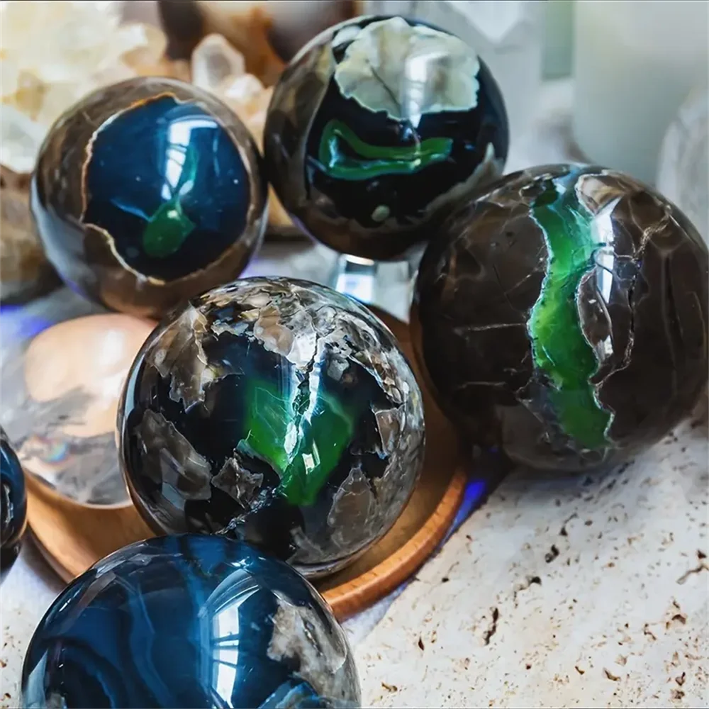 Natural Volcanic Agate Moon Crystal Ball UV Reactive Fluorescence Bohemian Green Brown Marbled Gemstone