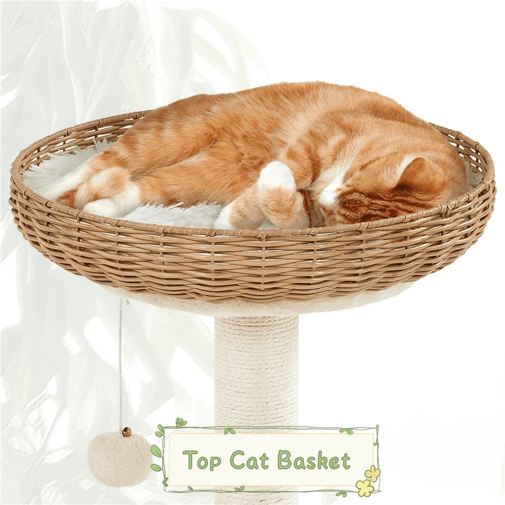 29.5 Inch Tall Rattan Cat House with Soft Cushion and Natural Sisal Scratching Post in Beige